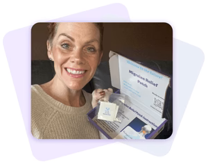 A woman is smiling and showing Restore patches inside a releasable plastic with a box of Restore Patch opened behind her.