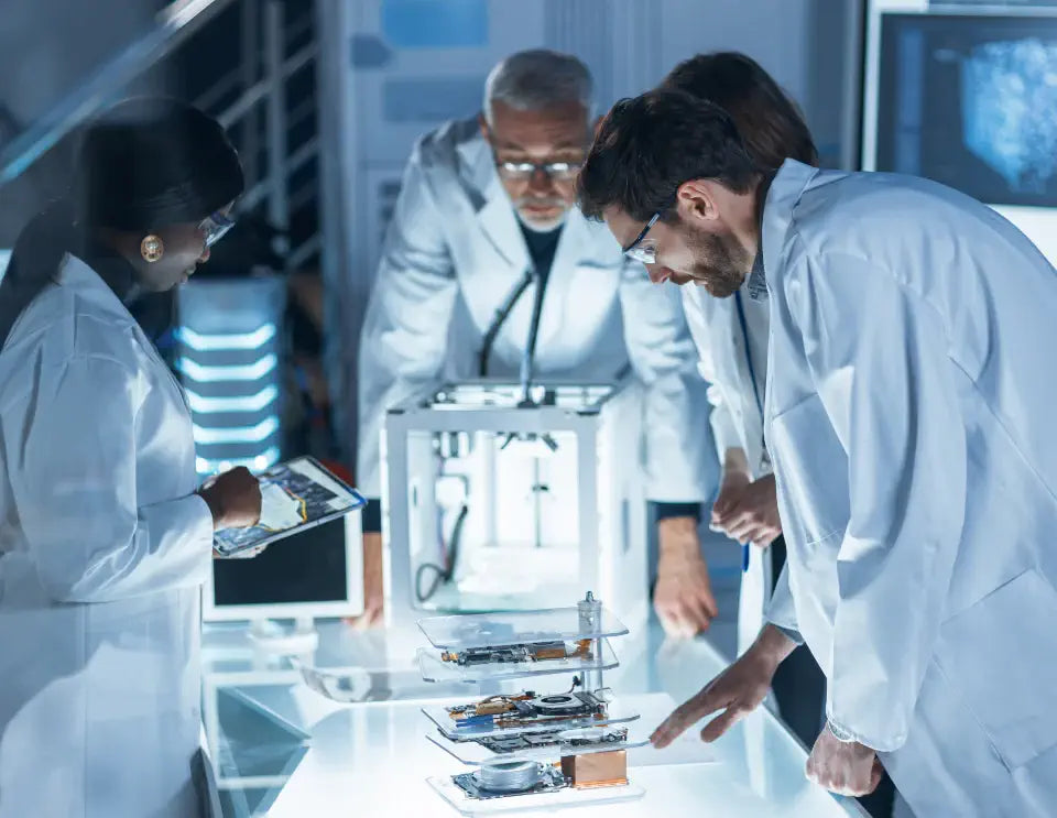 Four medical professionals are gathered and examining an apparatus on the table.