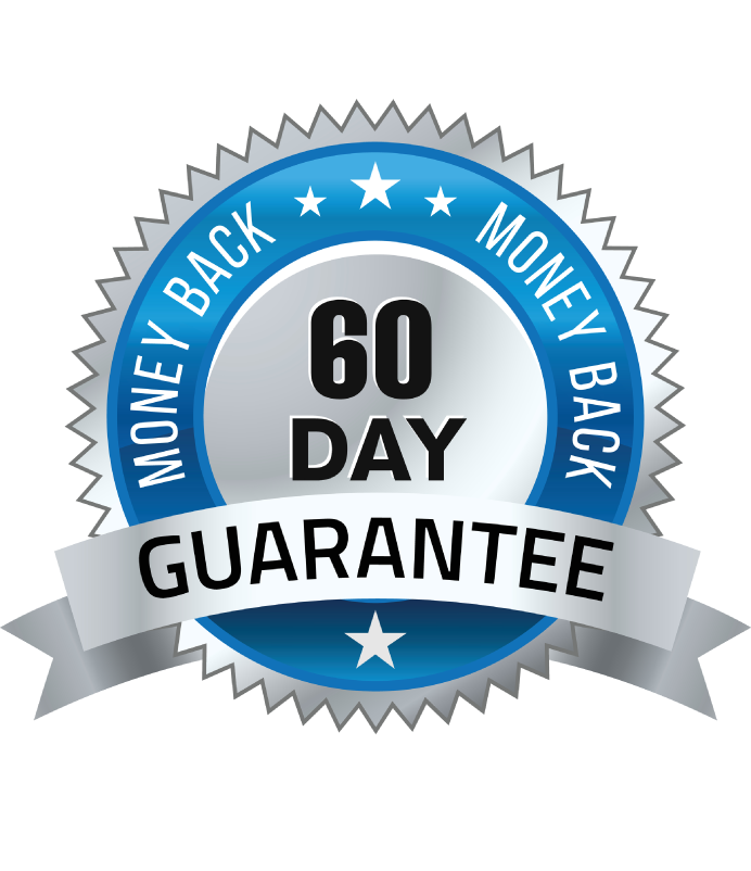 A small, blue icon with “Money Back 60 Day Guarantee”