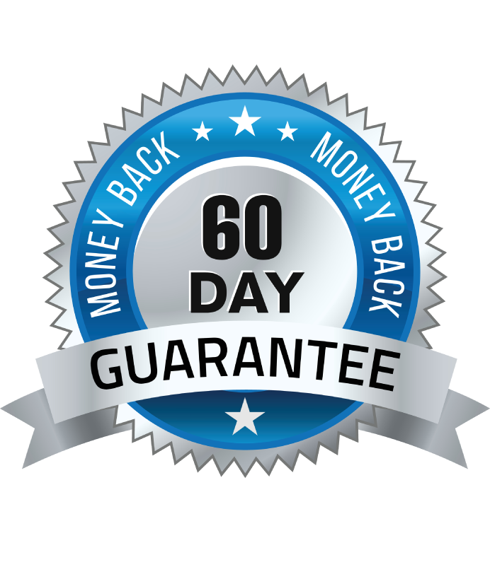 A small, blue icon with “Money Back 60 Day Guarantee” written inside.